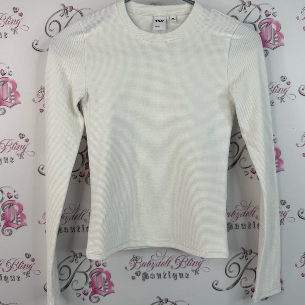 TNA Aritzia shirt waffle knit thermal white comfy Cream Long Sleeve Top